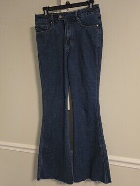Judy Blue Dark Wash Mid Rise Flare Jeans Raw Hem Stretch Denim 9/29